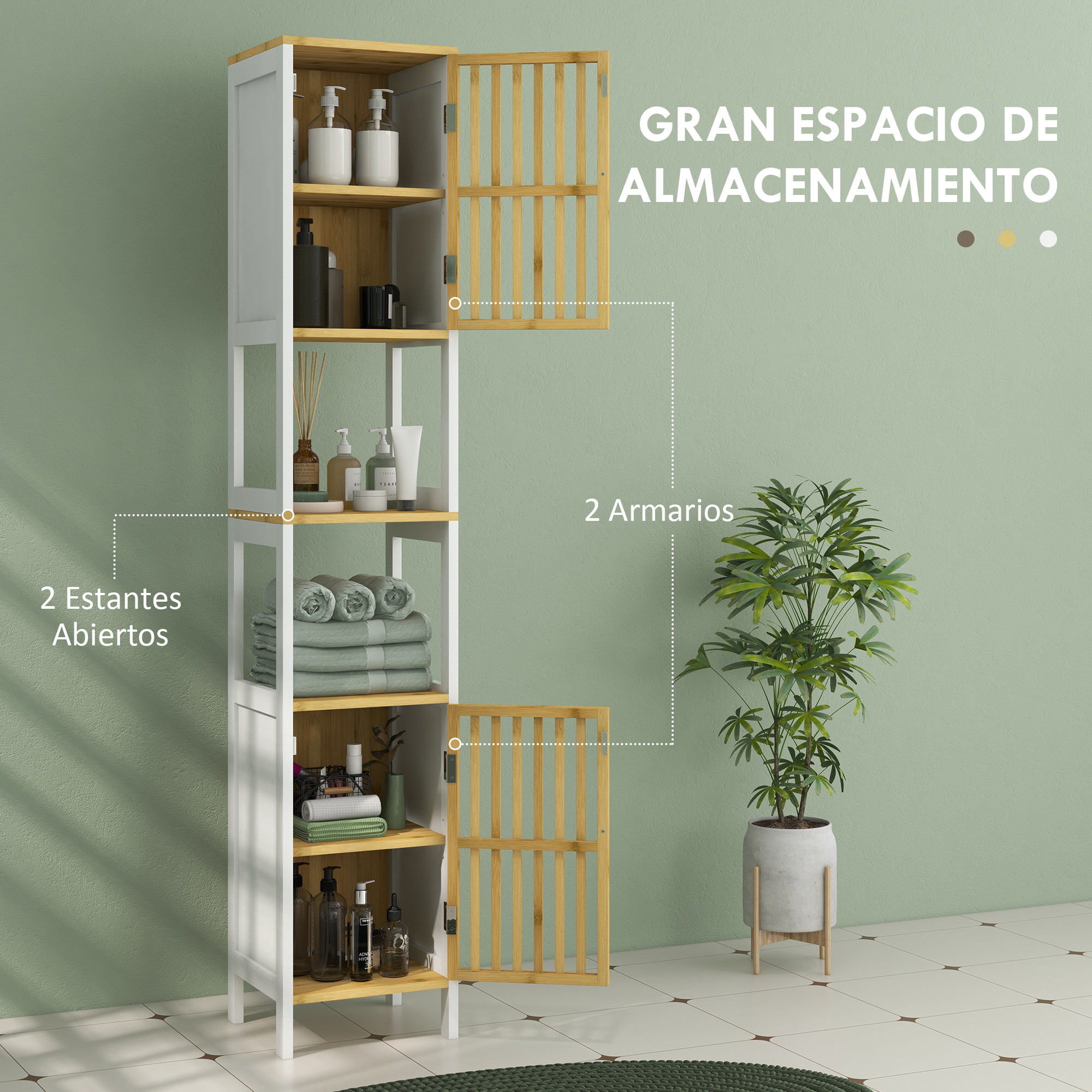 Armario Alto de Baño Columna de Baño Mueble Auxiliar de Baño con 2 Compartimentos Abiertos 2 Puertas de Rejilla y Estantes Ajustables 32x30x172 cm Blanco