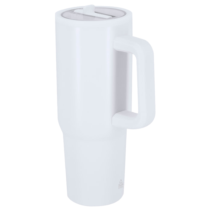 Jarra térmica de 870 ml de capacidad en Acero Inoxidable Reciclado con doble pared, tapadera hermética con boquilla plegable para beber y asa de transporte ergonómica. Libre de BPA