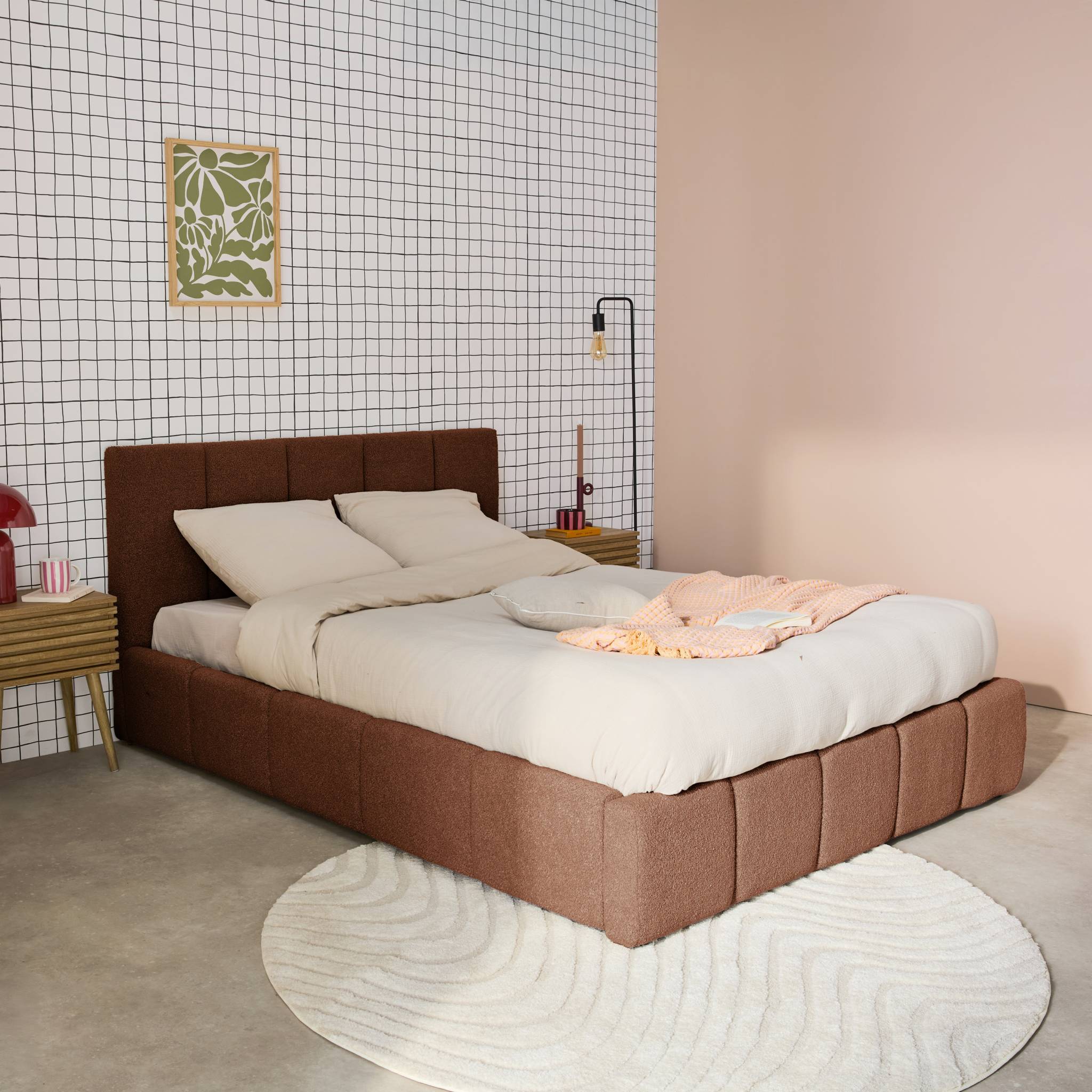 Lit coffre double avec sommier à lattes et tête de lit terracotta 160 x 200 cm bouclette texturée - Lex