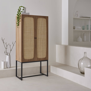 Buffet rétro décor bois foncé et cannage 2 portes avec pieds en métal noir H165cm