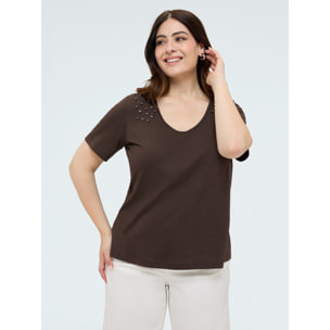Fiorella Rubino - T-shirt in cotone con borchie sulle spalle - Marrone