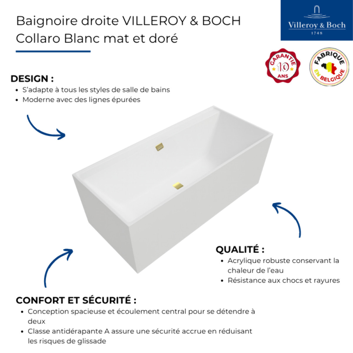 Baignoire droite antidérapante VILLEROY ET BOCH Collaro acrylique