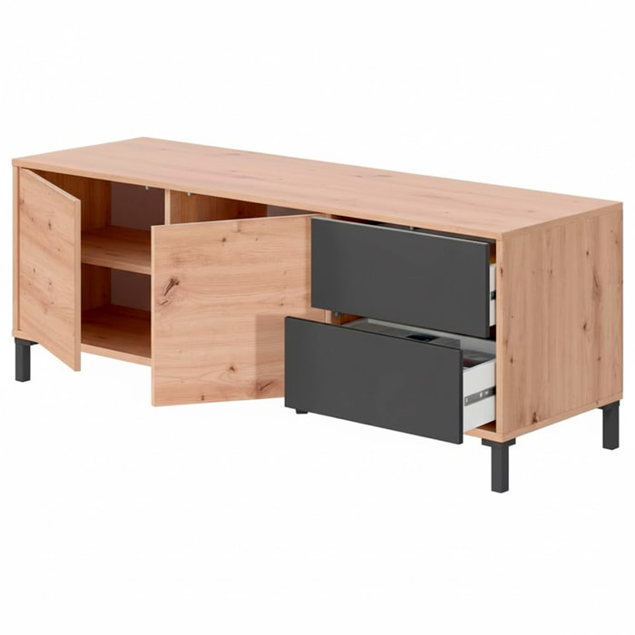 Mobile TV Madia Credenza Moderna Con 2 Ante E 2 Cassetti Mobile Contenitore Soggiorno Sala Pranzo Apertura Push 47x130x41 Cm Rovere e Grigio Antracite