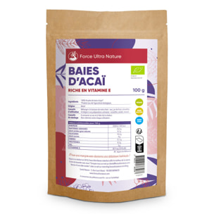 FORCE ULTRA NATURE - Baies d'açaï en poudre - 100% BIO - Riches en antioxydants et fibres - Idéales pour le petit-déjeuner ou boissons - Doypack 100g