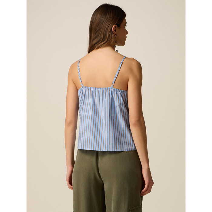 Oltre - Top in popeline a righe con pizzo - Azzurro