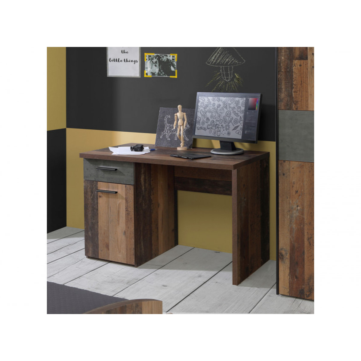 Bureau droit L110 cm avec rangement en bois effet vintage - TOM