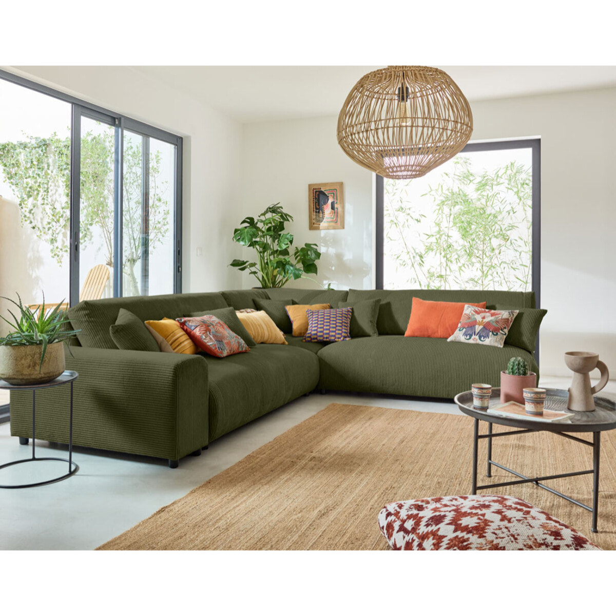 Garance - canapé modulable d'angle droit - 6 places - en velours côtelé - Vert