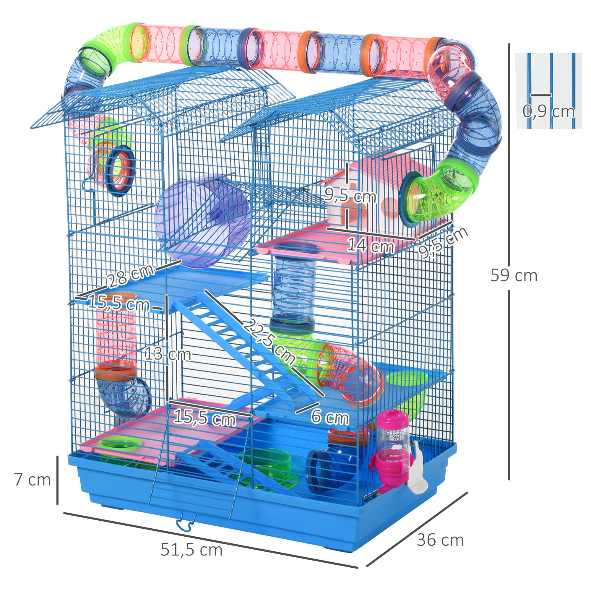 Cage pour Hamster Souris Petit Animaux Rongeur avec Tunnel Mangeoire Roue Jouet 47 x 30 x 59 cm cm Bleu