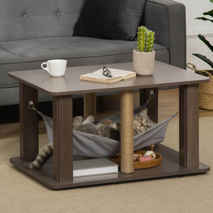 Table basse arbre à chat 2 en 1 - centre d'activités avec hamac, griffoirs - dim. 79L x 59l x 45,5H cm - polyester aspect bois gris