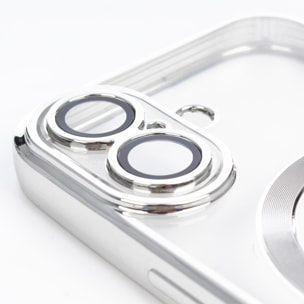 Carcasa transparente con cámara cubierta, bordes plateados, antichoque y antihuellas. Magsafe para iPhone 16.