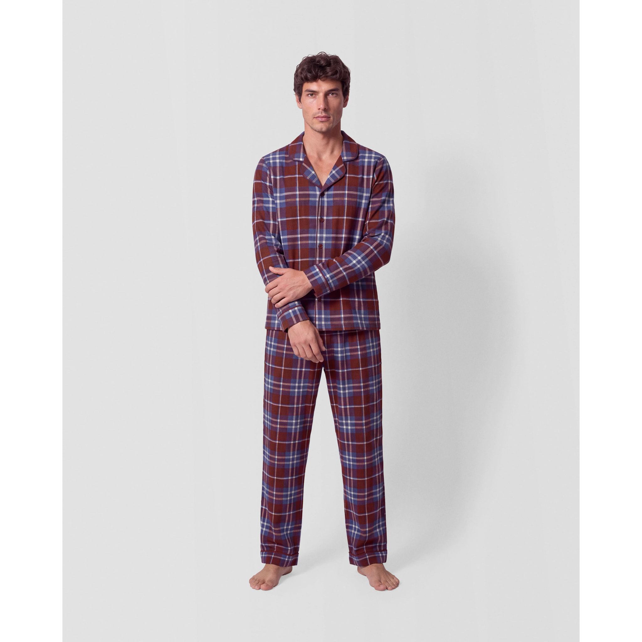 Pijama largo camisero algodón cuadro sauron burdeos