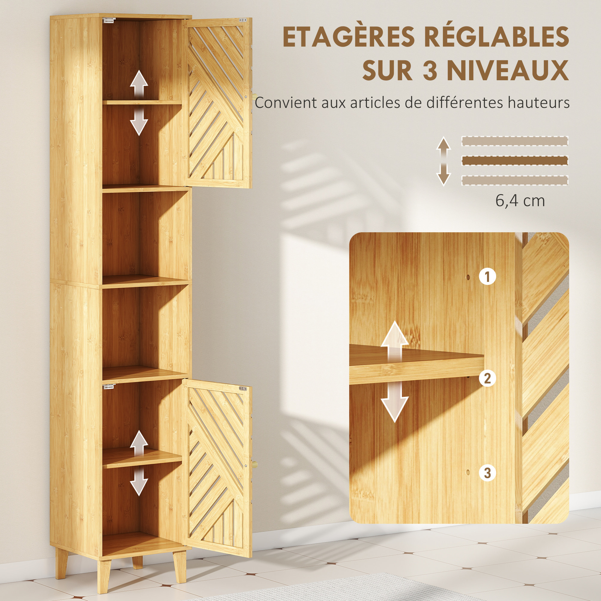 Armoire salle de bain haute, meuble de rangement colonne, portes et pieds en bambou, niches ouvertes, étagères réglables, meuble étroit pour toilette, petits espaces, 32x30x170cm, bois naturel