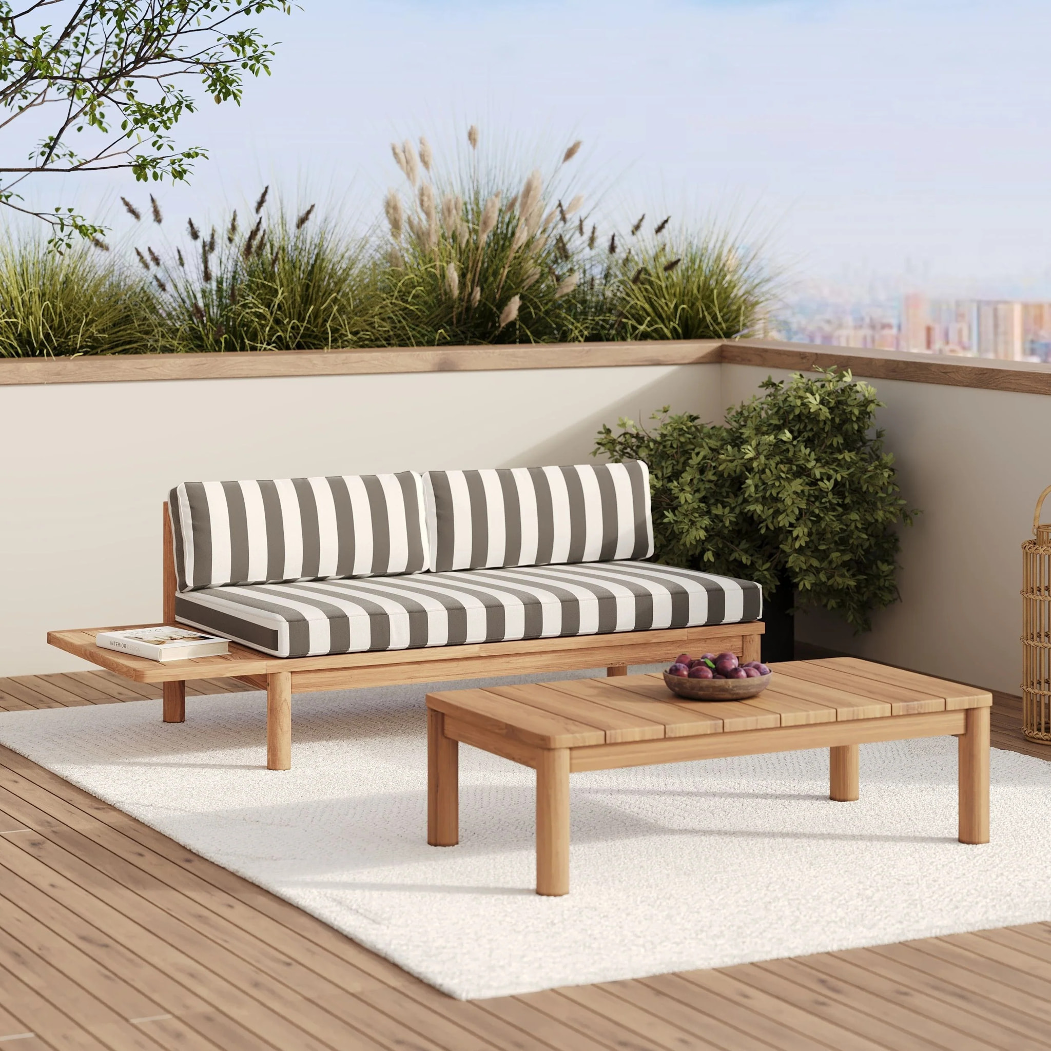 Canapé de jardin en teck massif et coussins rayés gris 2 places - Nadila