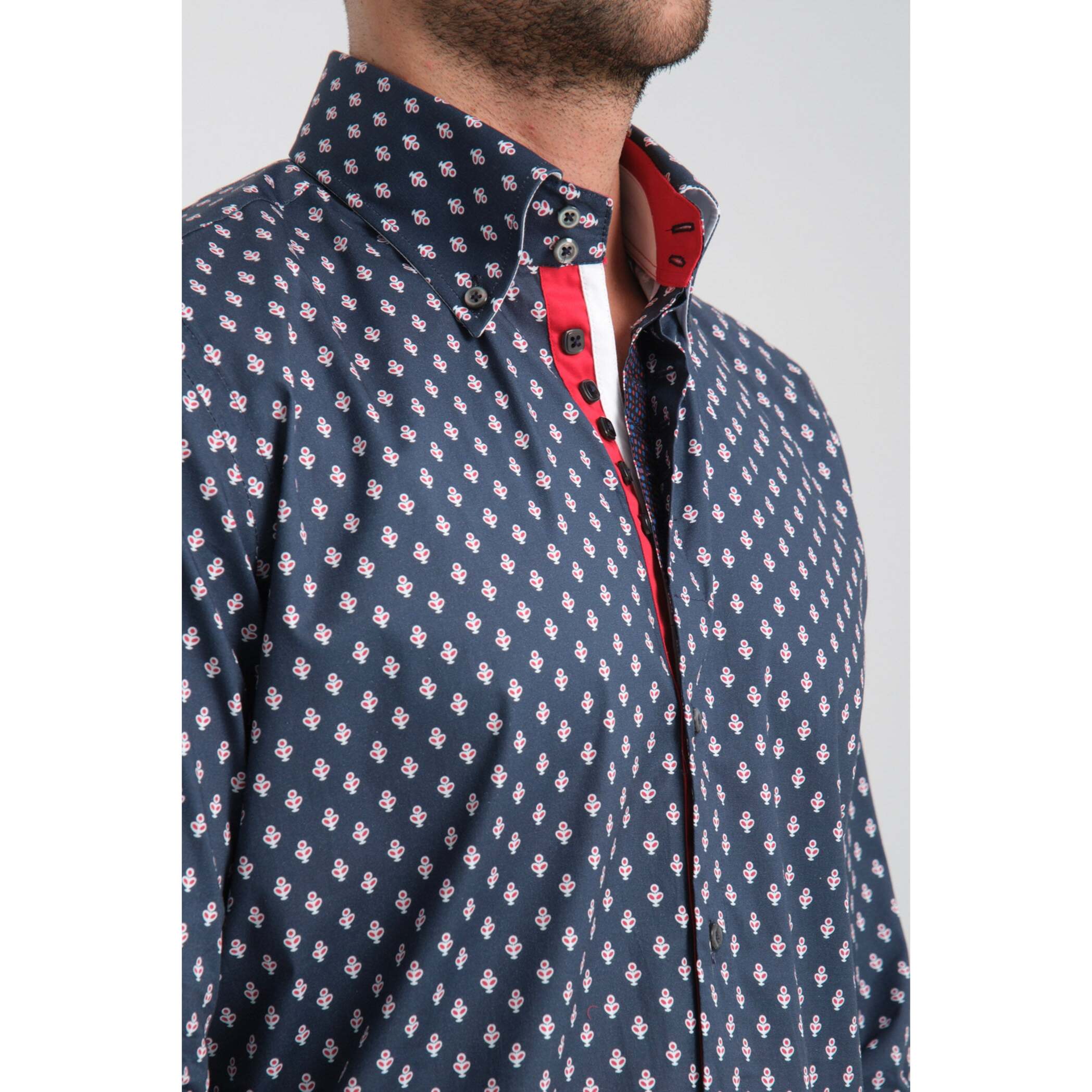 Camicia Uomo 2 Bottoni Button Down Slim Popeline Stretch Stampato Blu\Rosso