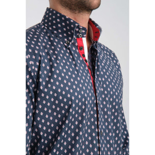 Camicia Uomo 2 Bottoni Button Down Slim Popeline Stretch Stampato Blu\Rosso