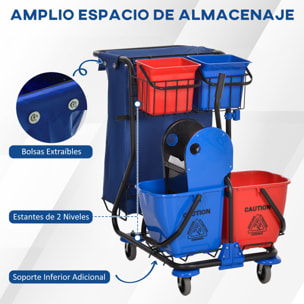 Carro de Limpieza con Bolsa de Basura Carro de Servicio con Doble Cubo de 18 Litros Escurridor de Prensa 2 Cubetas Auxiliares 93x80x97 cm Rojo y Azul