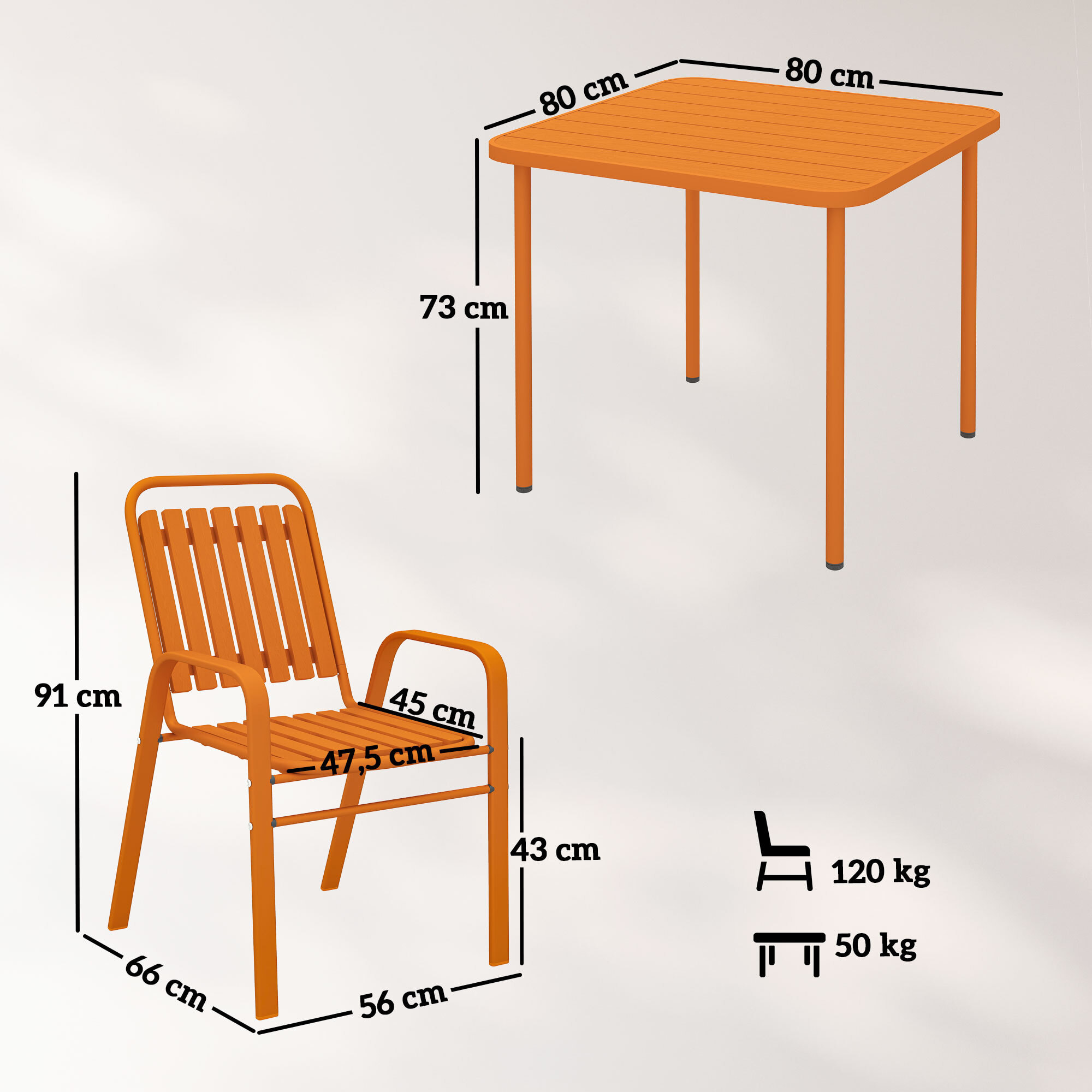 Salon de jardin extérieur 4 places 5 pièces - chaises empilables - plateau effet bois acier orange