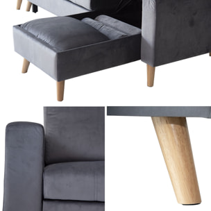 Canapé d'angle convertible JAMES 3 places en velours gris