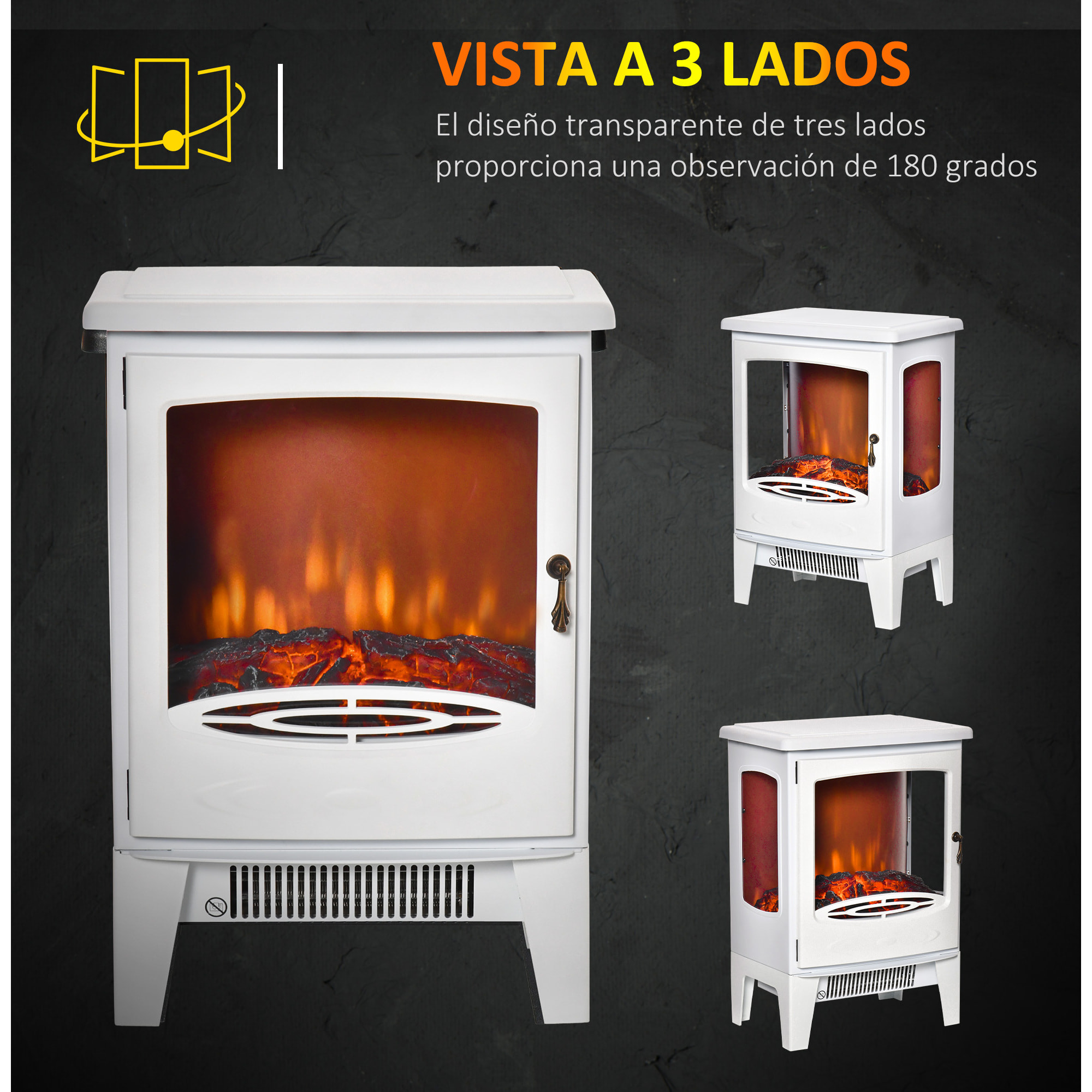 Chimenea Eléctrica 900W/1800W Chimenea Decorativa con Ventanas Efecto de Llama Temperatura Ajustable y Protección Sobrecalentamiento para 20-25 ㎡ 39x26x54,8 cm Blanco