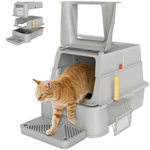 Arenero para Gatos de Acero Inoxidable XL, Caja de Arena para Gatos, Arenero con Tapa Abatible 180°, Laterales Altos, Pedal, Pala, sin Olores, Fácil de Limpiar, Antifugas, Gris Claro