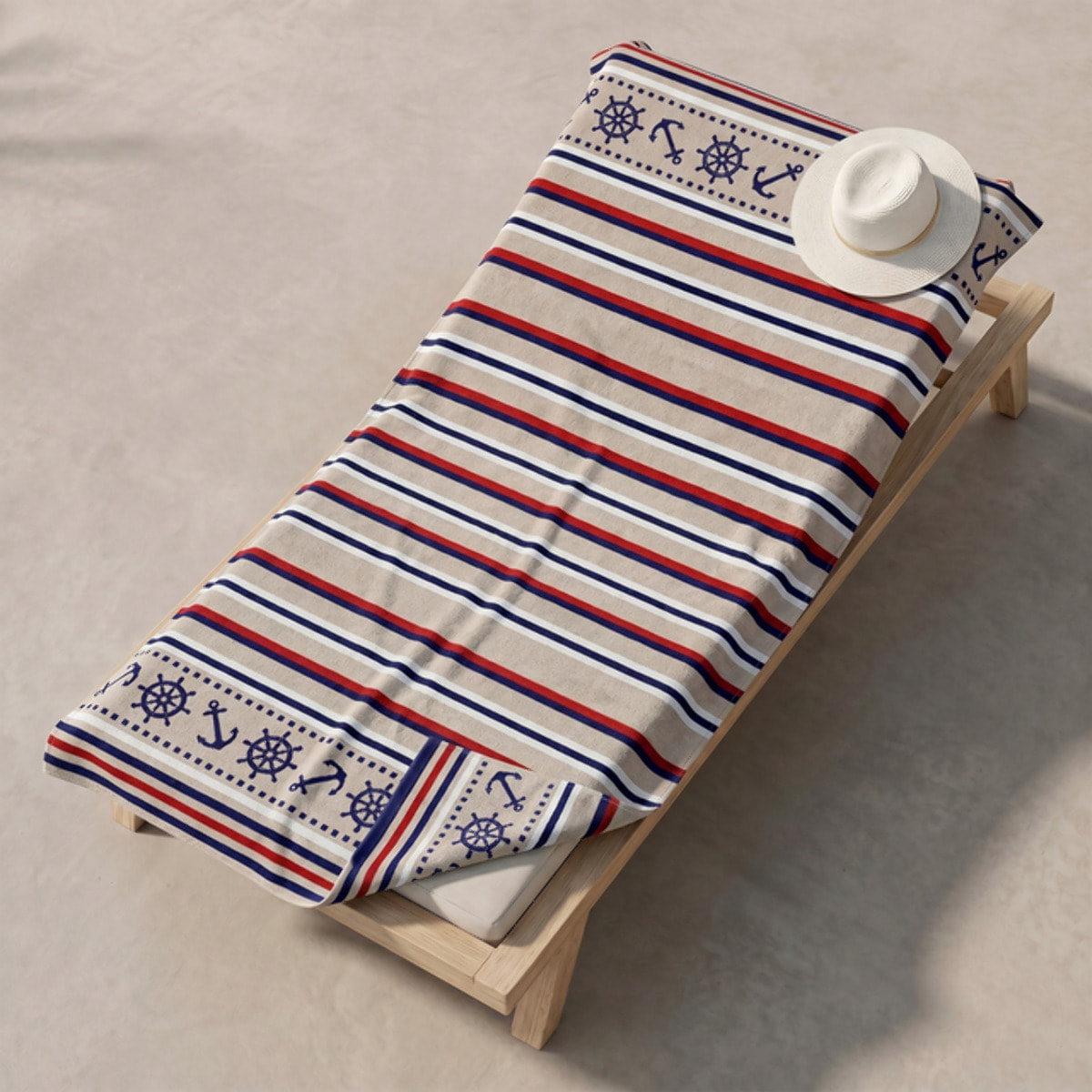 Telo mare in spugna jacquard, 90x165 cm, 100% cotone egiziano, morbido e super assorbente, design nautico elegante con righe marine e ancore, resistente e certificato OEKO-TEX, ideale per mare piscina spa e barca