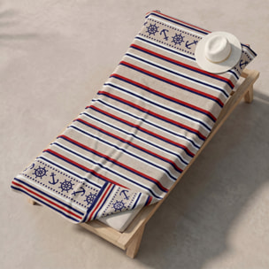 Telo mare in spugna jacquard, 90x165 cm, 100% cotone egiziano, morbido e super assorbente, design nautico elegante con righe marine e ancore, resistente e certificato OEKO-TEX, ideale per mare piscina spa e barca