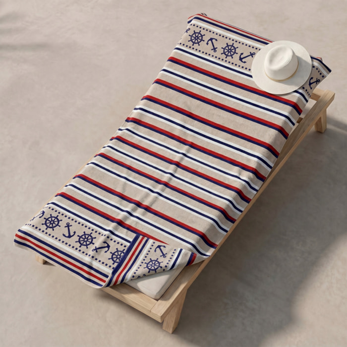 Telo mare in spugna jacquard, 90x165 cm, 100% cotone egiziano, morbido e super assorbente, design nautico elegante con righe marine e ancore, resistente e certificato OEKO-TEX, ideale per mare piscina spa e barca