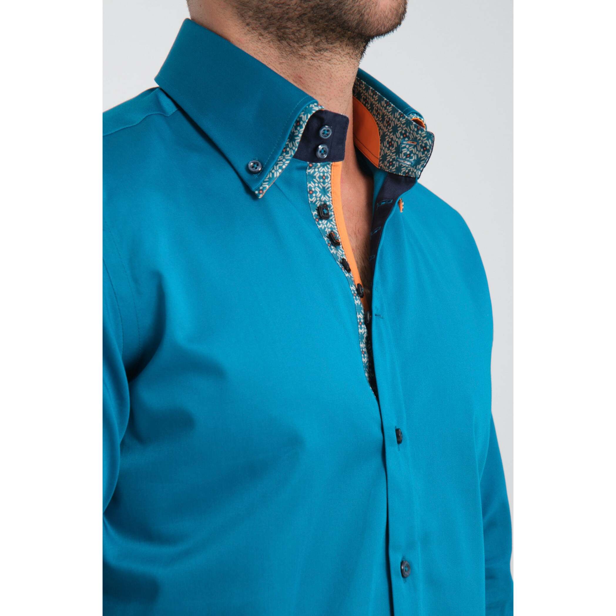 Camicia Uomo 2 Bottoni Button Down 7bottoni Doppio Coll Satin Unito Verde Ottanio