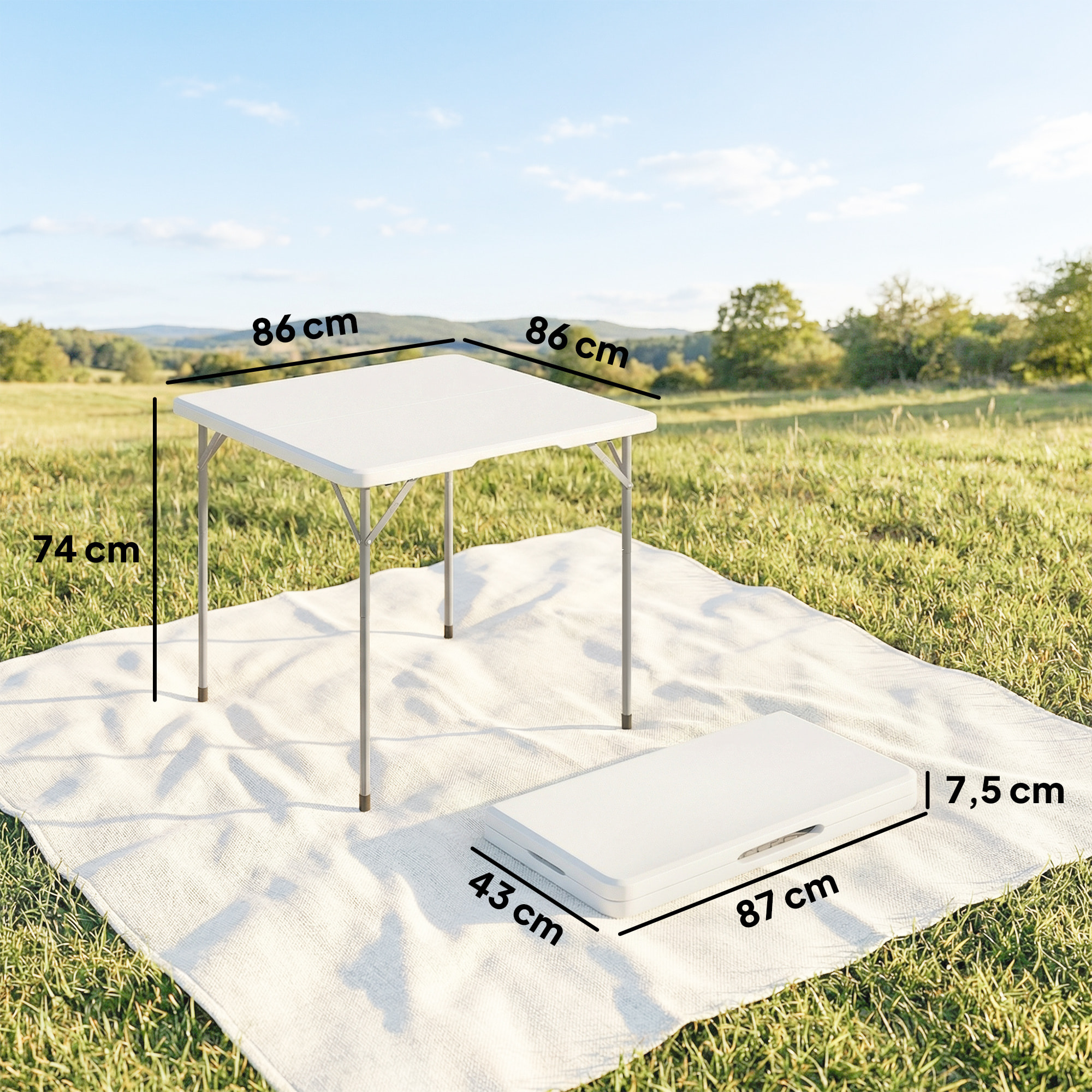 Table de camping carrée pliante hauteur réglable métal HDPE blanc