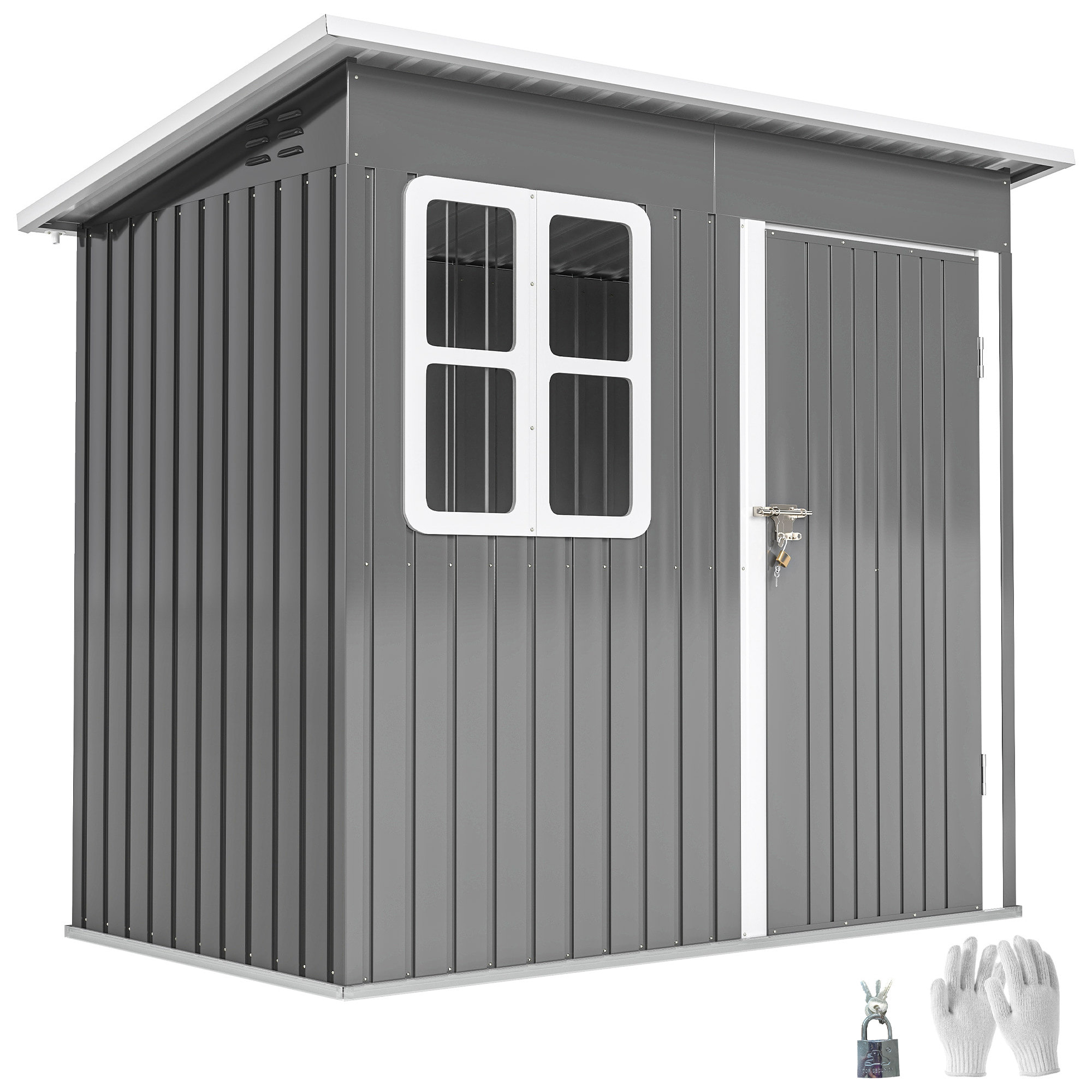 Caseta de Jardín Exterior, 2,55 m² 221x133x190 cm, Cobertizo de Jardín Exterior Metálico con Ventana, Puerta con Cerradura y Ventilaciones, para Almacenamiento de Herramientas, Gris Oscuro