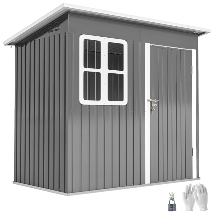 Caseta de Jardín Exterior, 2,55 m² 221x133x190 cm, Cobertizo de Jardín Exterior Metálico con Ventana, Puerta con Cerradura y Ventilaciones, para Almacenamiento de Herramientas, Gris Oscuro