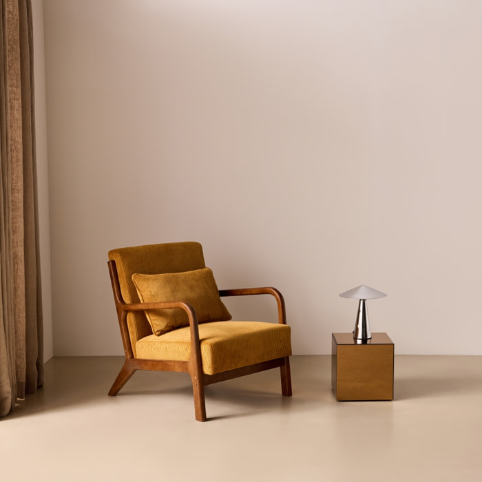 Fauteuil scandinave bois d'hévéa teinte noyer clair et velours côtelé LORENS
