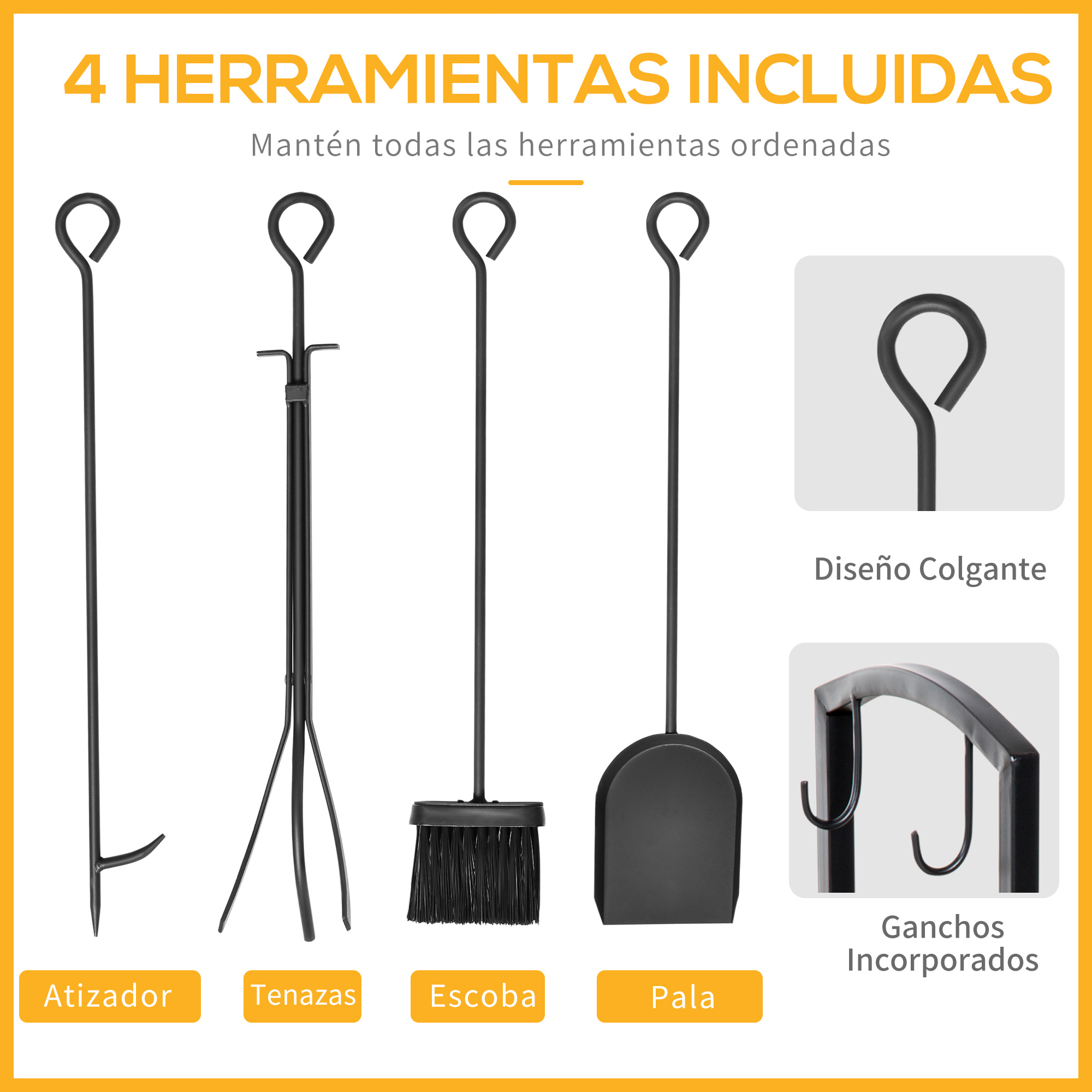 Estante de Leña para chimenea 40x30x74,5 cm Soporte para Leña de 2 Niveles Leñero Exterior e Interior Metálico con 4 Herramientas para Chimenea Carga Máx.100 kg Negro