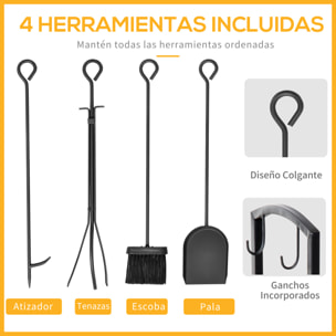 Estante de Leña para chimenea 40x30x74,5 cm Soporte para Leña de 2 Niveles Leñero Exterior e Interior Metálico con 4 Herramientas para Chimenea Carga Máx.100 kg Negro