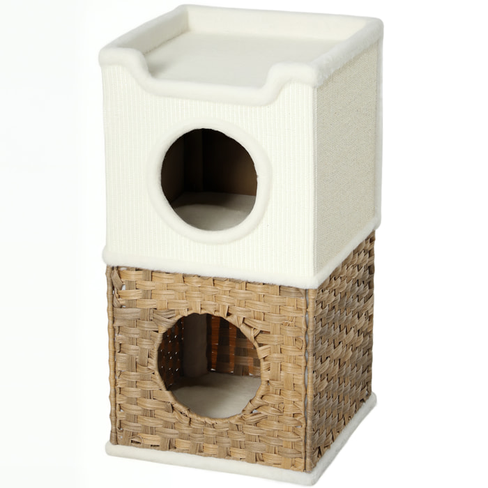 Tour à griffer pour chat 3 niveaux - 2 niches, panier observation- H.75,5 cm - résine tressée sisal