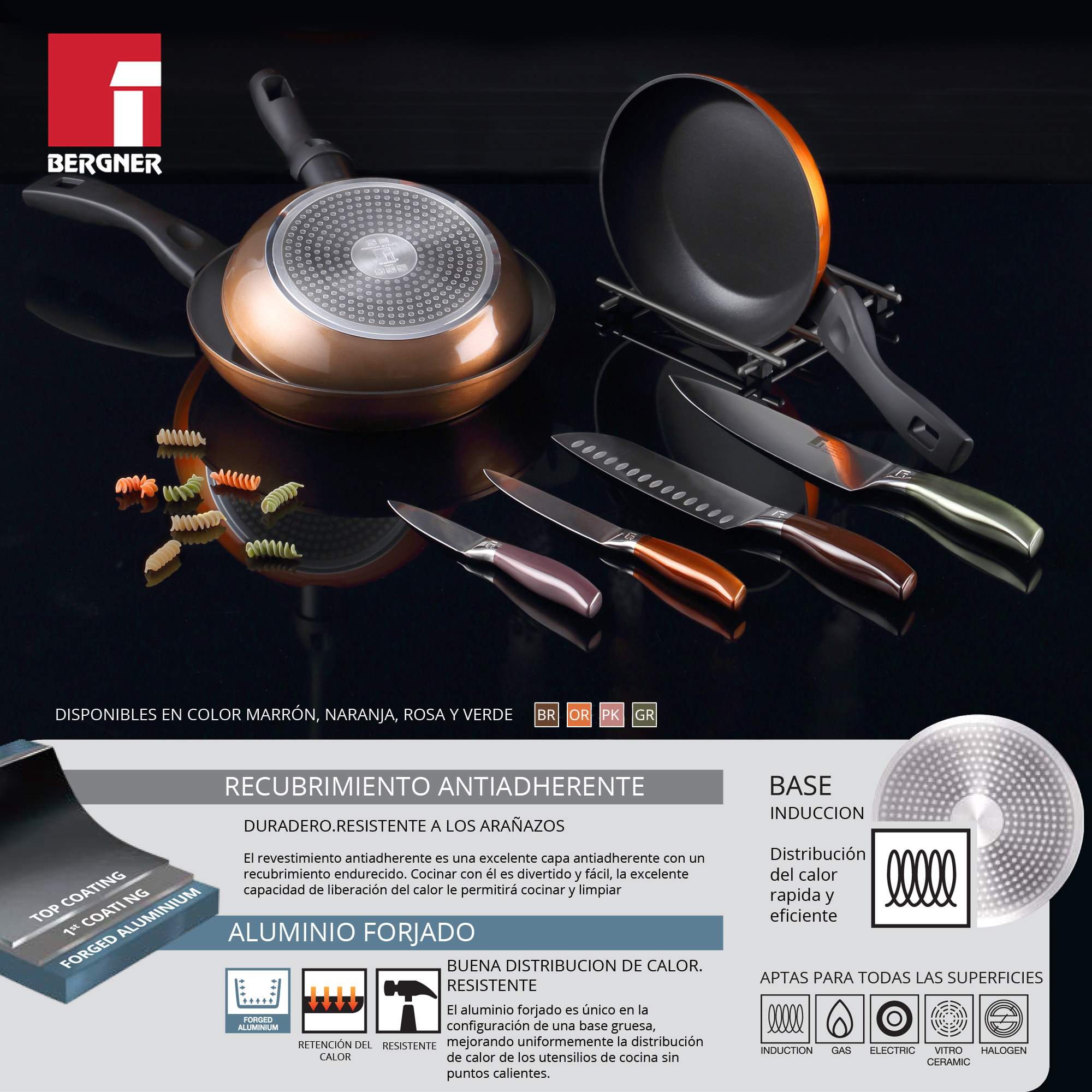 Bateria de cocina 7 piezas MAGEFESA Kenia de acero vitrificado con juego de sartenes (20/24 cm) BERGNER Neon Classic en aluminio forjado
