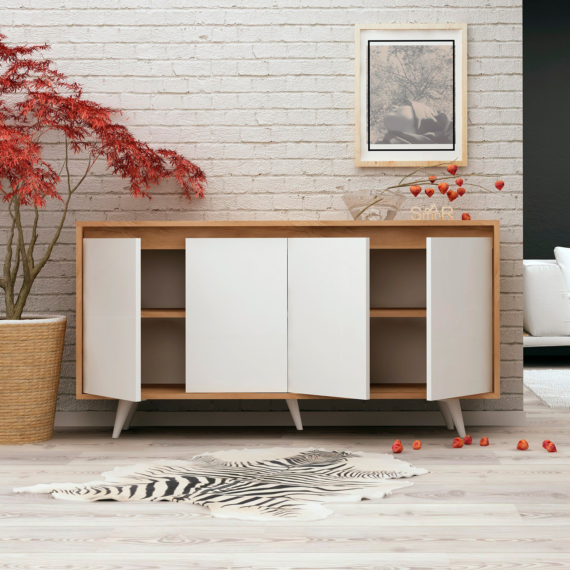 Mueble de roble blanco con 100% tablero aglomerado rechapado en melamina.