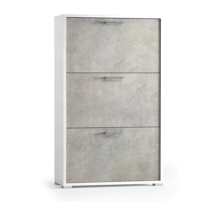 Scarpiera Axinite, Mobile multiuso da ingresso con 3 ante a ribalta, Armadietto portascarpe a doppia profondità, 100% Made in Italy, 67x28h112 cm, Bianco e Cemento