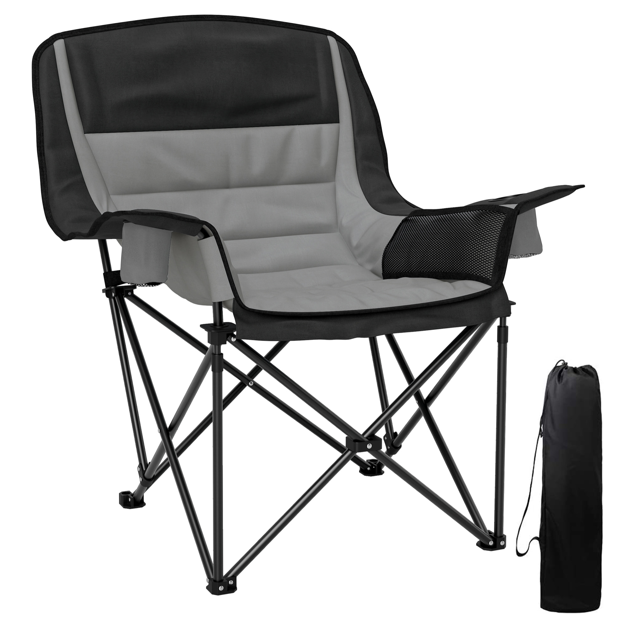 Chaise de camping pliante rembourrée - porte-gobelets, poches latérales rangement - sac transport inclus - gris noir