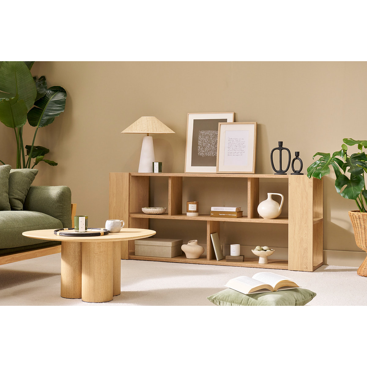 Bibliothèque basse ouverte design finition bois clair chêne L168 cm MUSSO