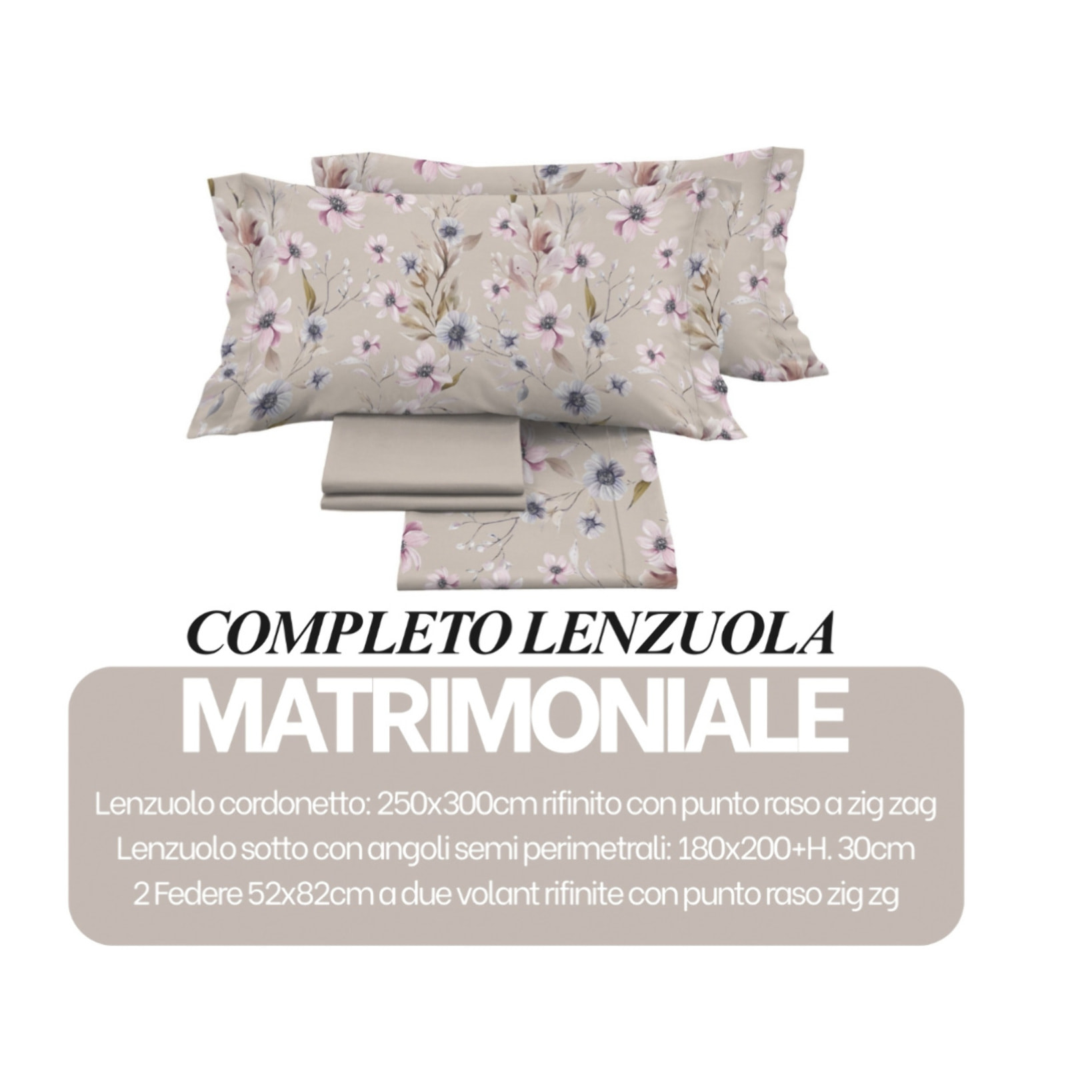 Completo Lenzuola Matrimoniale in Raso 60/60 Morbidezza Eleganza Floreale Artemisia