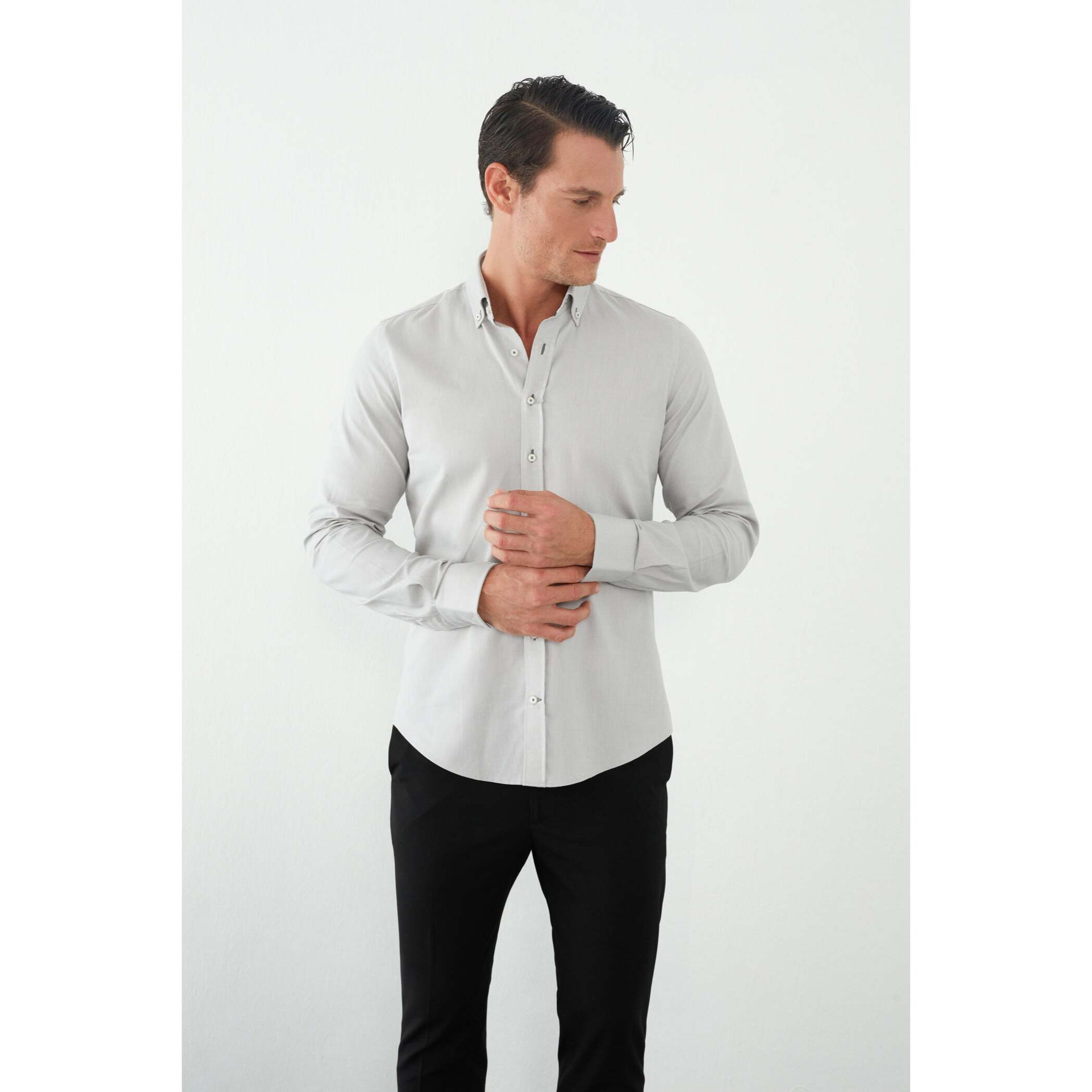 camicia uomo 1 bottone button down slim Oxford unito Grigio Medio