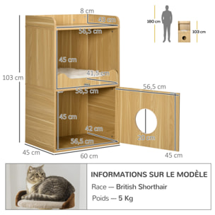 Maison de toilette chat - porte, niche avec coussin, plateau - panneaux aspect bois clair