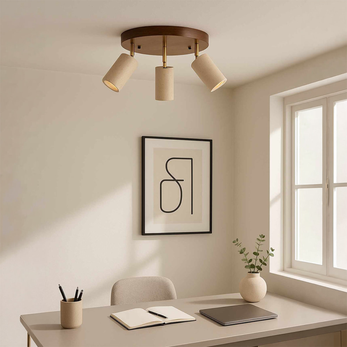 Luminaire rond avec 3 spots orientables en travertin et effet bois TIVOLI