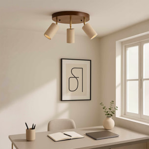 Luminaire rond avec 3 spots orientables en travertin et effet bois TIVOLI