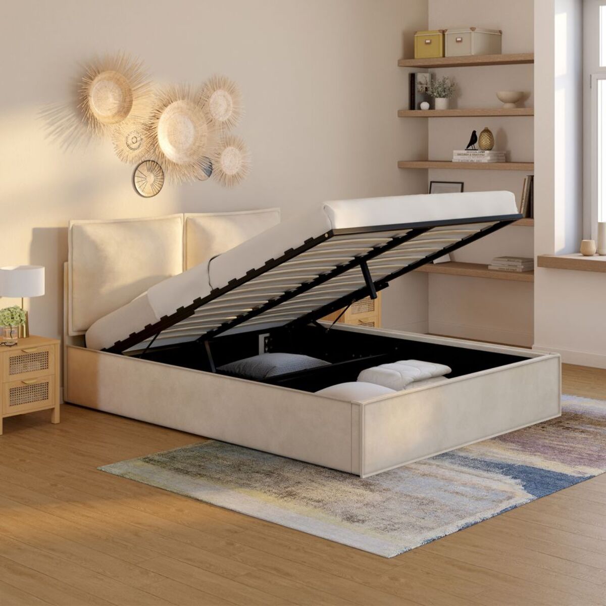 Lit coffre Lilou 140x190cm en velours beige