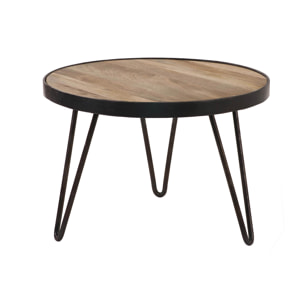 Table basse ronde industrielle bois manguier massif et métal noir D50 cm ATELIER