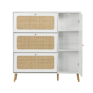 Meuble à chaussure cannage Bohème blanc. 3 abattants. 1 porte. 21 paires. 120 x 24 x 125 cm