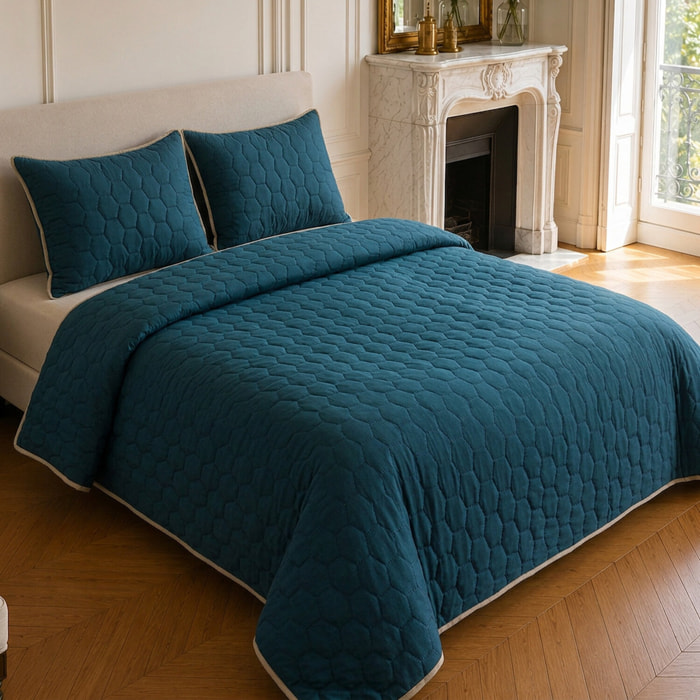 Couvre-lit matelassé réversible 100% polyester bicolore bleu marine - NAZIM
