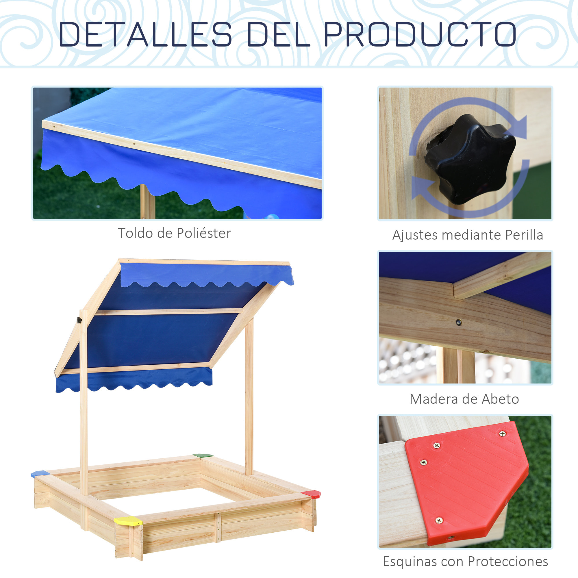 Arenero de Madera para Niños con Techo Toldo Ajustable 120x120x120cm para Jardín